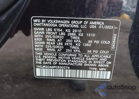 2023 Volkswagen Atlas 3.6L V6 Se W/Technology из США, поврежденный, VIN 1V2JR2CA9PC530274